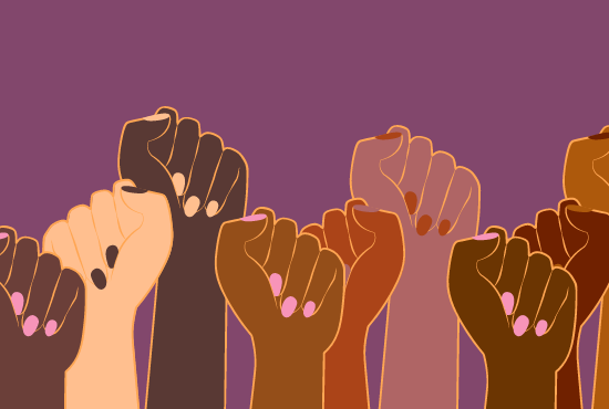 A Square with purple background containing 9 raised fists with painted nails in pink orange and yellow. 